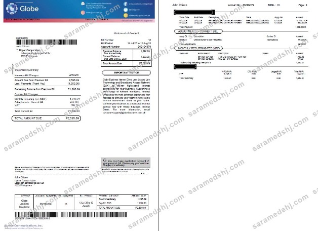 Philippines Globe utility bill template in Word and PDF formats, 2 pages